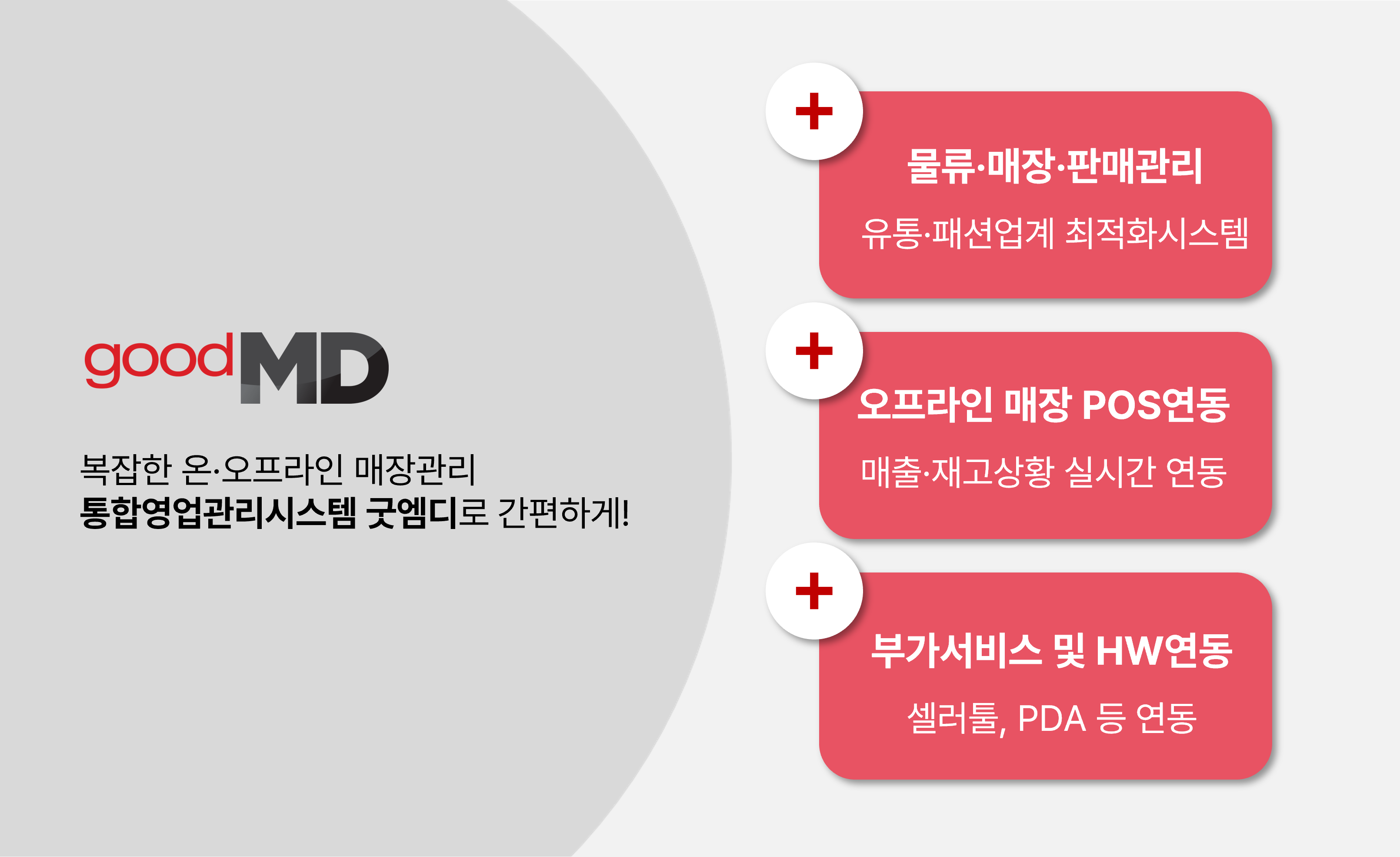 복잡한 온오프라인 매장관리, 통합영업관리시스템 굿엠디로 간편하게! 주요특징 1) 물류, 매장, 판매관리: 유통, 패션업계 최적화시스템 2) 오프라인 매장 POS 연동: 매출, 재고상황 실시간 연동 3) 부가서비스 및 HW연동: 셀러툴, PDA 등 연동 가능